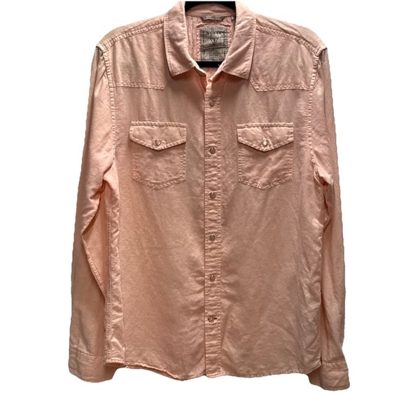 Guess Pearl Snap Men's Medium Orange Linen Blend Western Slim Fit Shirt - Picture 1 of 7